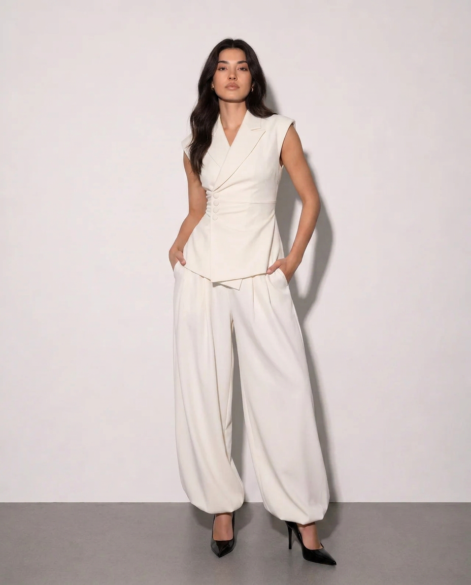 Monroe Asymmetric Vest Set – Ivory